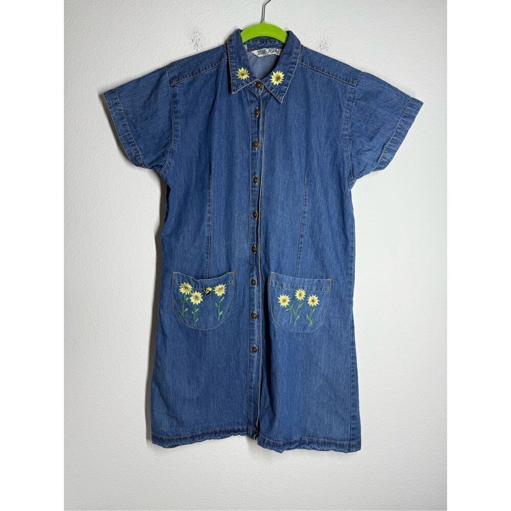 Vintage Jane Ashley Denim Embroidered Shirt Dress Short Sleeve Button Down Sz M